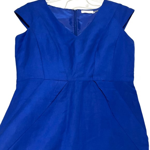 Classic Blue Linen-Blend Career Sheath Dress with Side Pockets - Picture 11 of 17